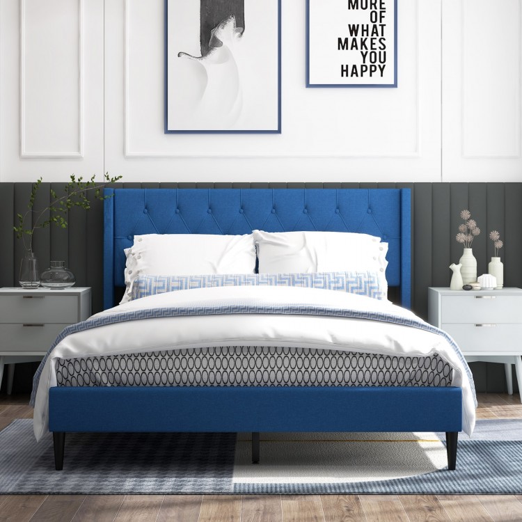 Queen size upholstered platform bed in blue with button tufted wingback headboard, ideal for stylish bedroom decor.
