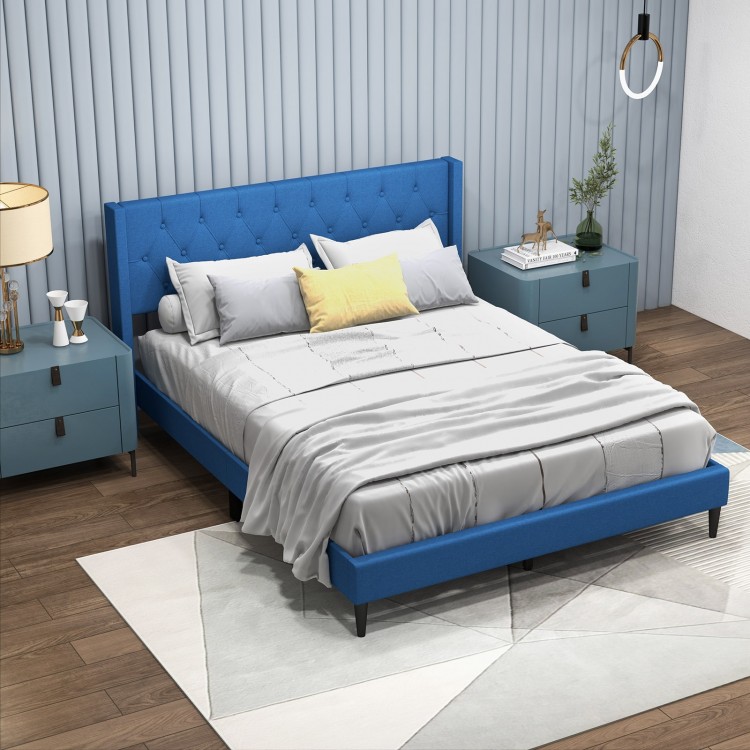 Queen size upholstered platform bed in blue with high density sponge padded headboard, perfect for comfort in any.