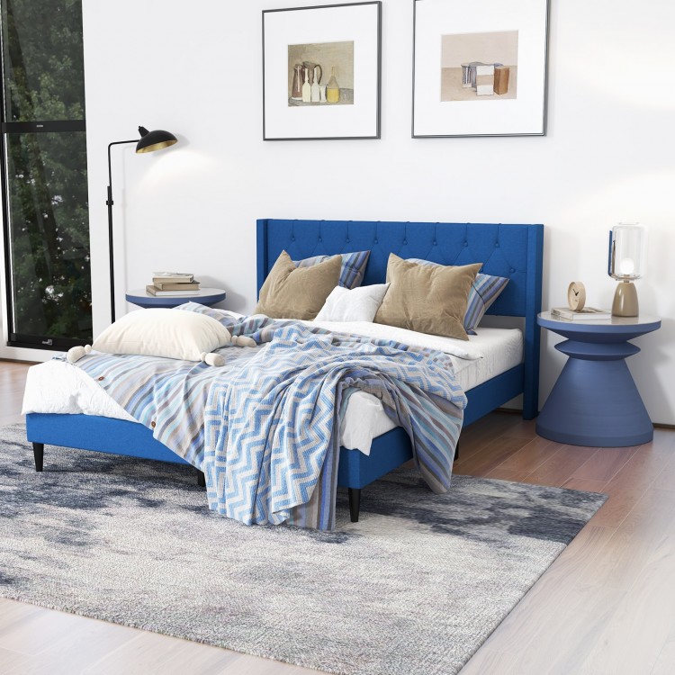 Queen size upholstered platform bed in blue with stylish button tufted design, perfect for enhancing bedroom aesthetics.