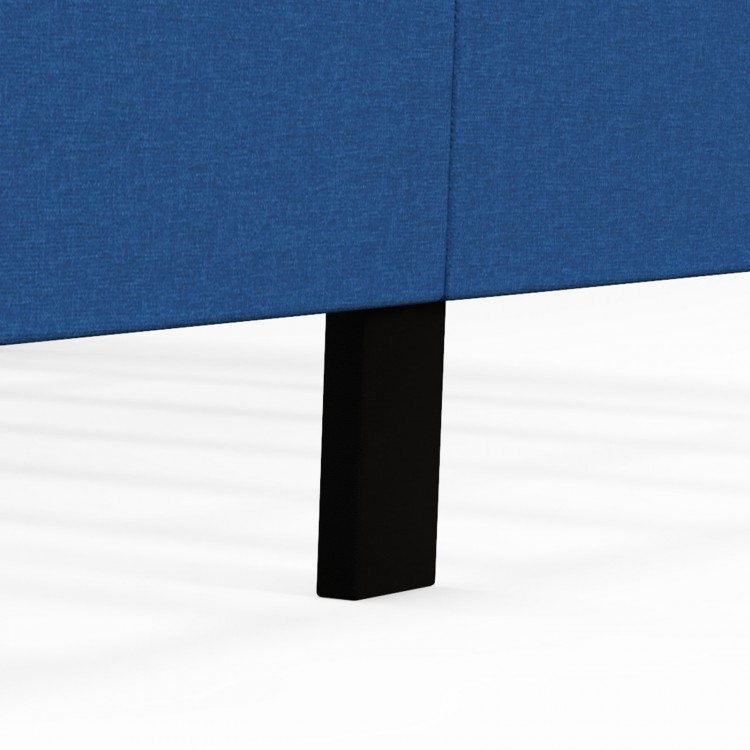 Close-up of the solid wood leg of the blue upholstered platform bed, providing stability and support for bedroom use.