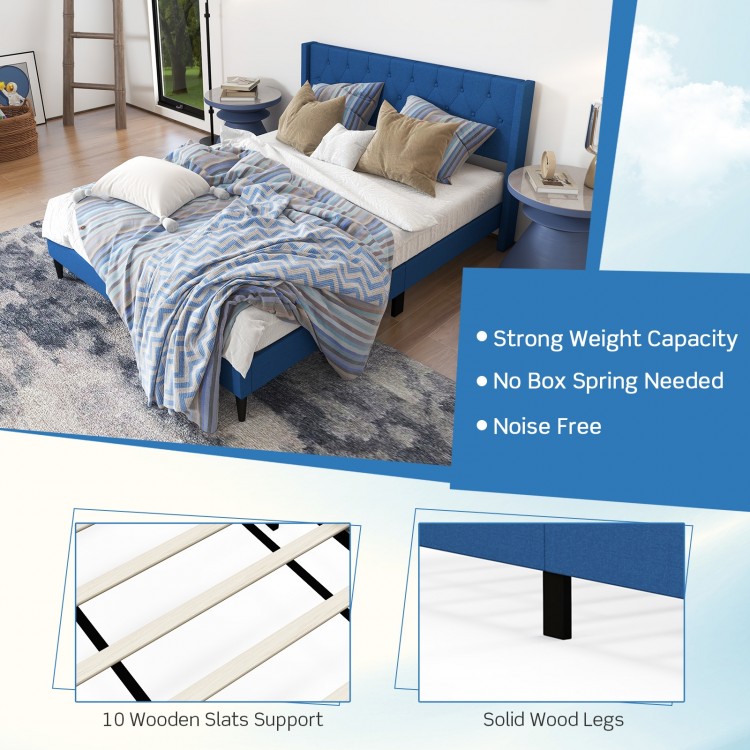 Queen size upholstered platform bed in blue with button tufted headboard and solid wood legs for stylish bedroom.