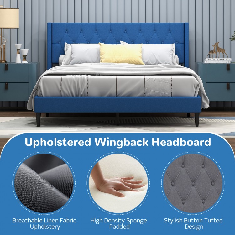 Queen size upholstered platform bed with blue button tufted wingback headboard, featuring solid wood legs and under-bed.
