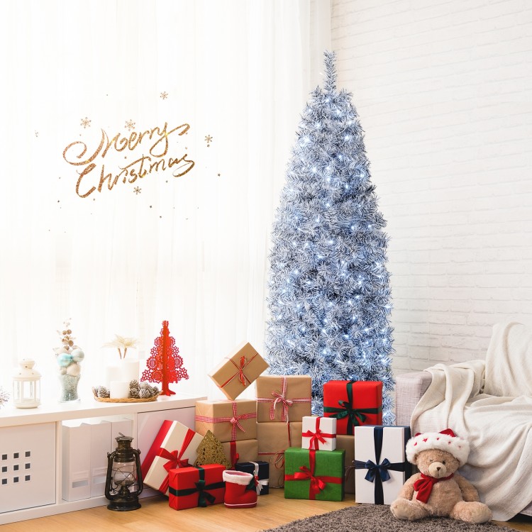 6 FT pre-lit artificial Christmas tree with black and white leaves, surrounded by colorful gifts for festive decor.