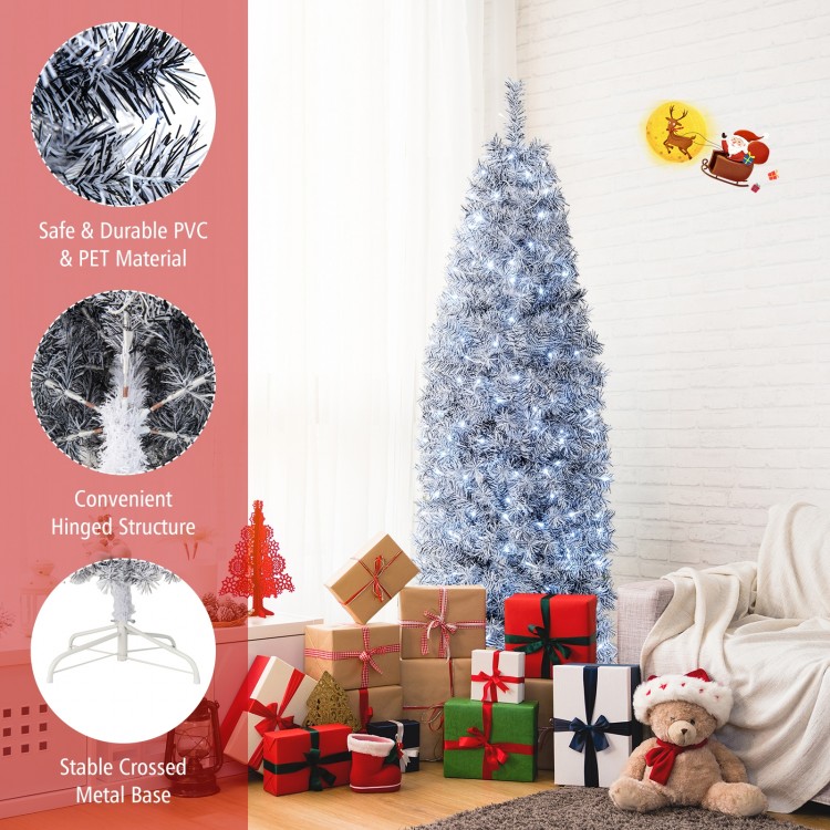 6 FT pre-lit artificial Christmas tree with black and white leaves, featuring 250 cool-white LED lights and a stable.