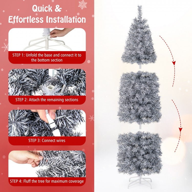 6 FT pre-lit artificial Christmas tree with black and white leaves, featuring 250 cool-white LED lights for festive.