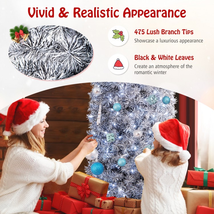6 FT pre-lit artificial Christmas tree with black and white leaves, showcasing its dense branch tips for a luxurious.