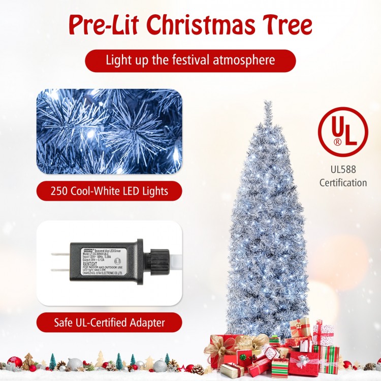 Detailed view of the 6 FT pre-lit artificial Christmas tree showcasing the cool-white LED lights and luxurious black.