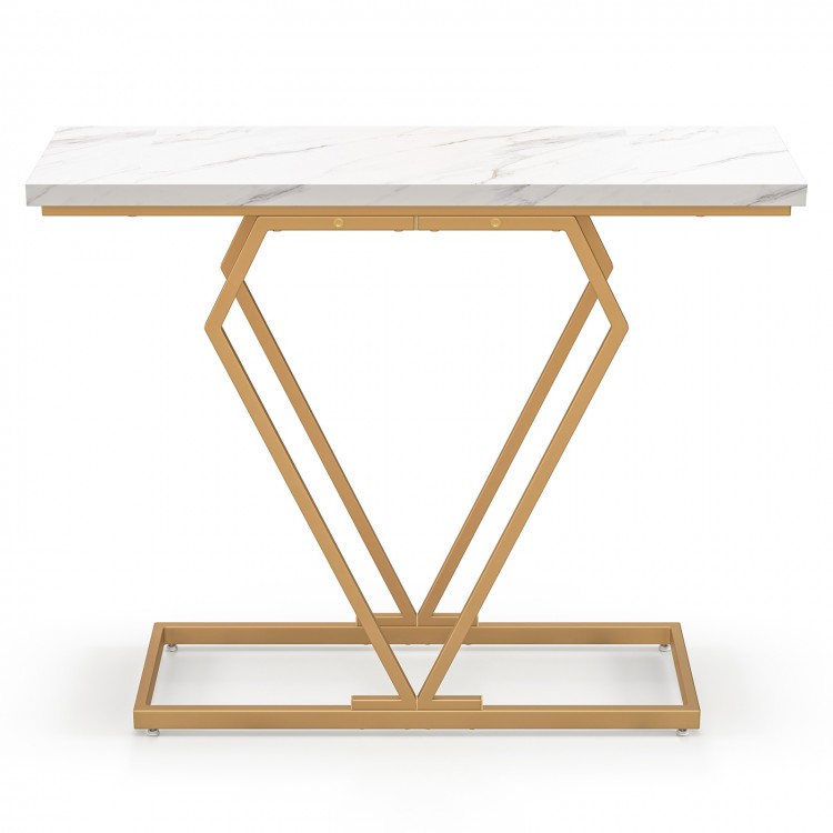 Gold console table featuring a diamond-shaped frame and a thick white faux marble top, ideal for modern decor.