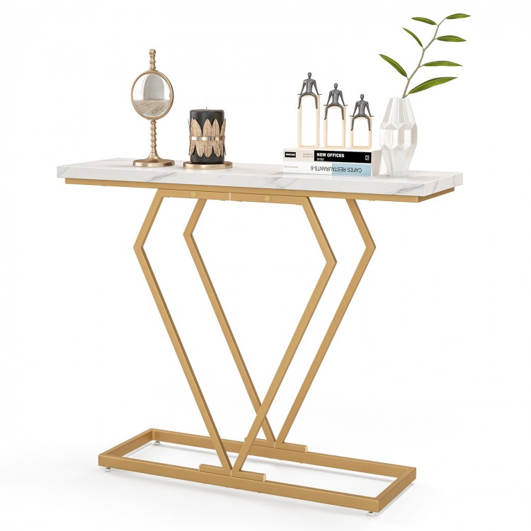 Gold console table with diamond-shaped frame and faux marble top, perfect for displaying ornaments in limited spaces.