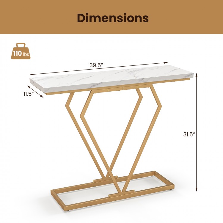 Gold console table with a diamond-shaped geometric frame and thick faux marble top, ideal for narrow spaces.