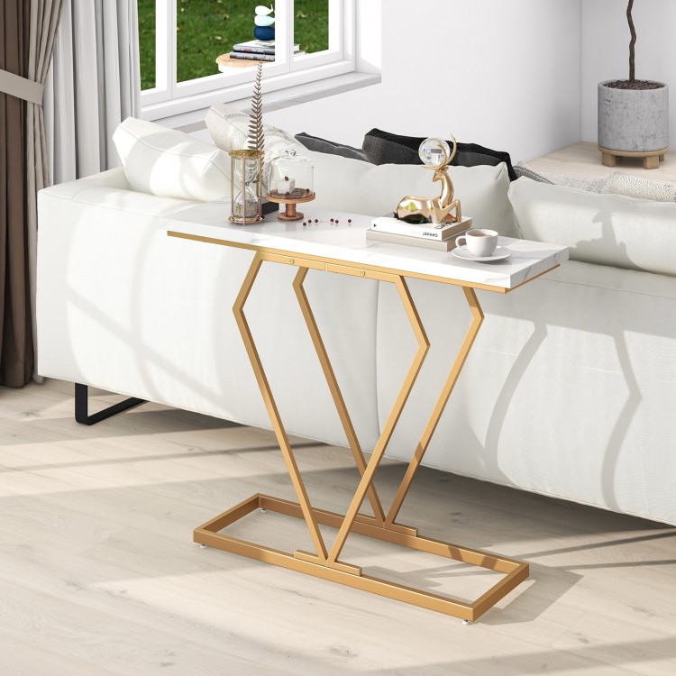 Gold console table with diamond-shaped geometric frame and white faux marble top, perfect for limited spaces.