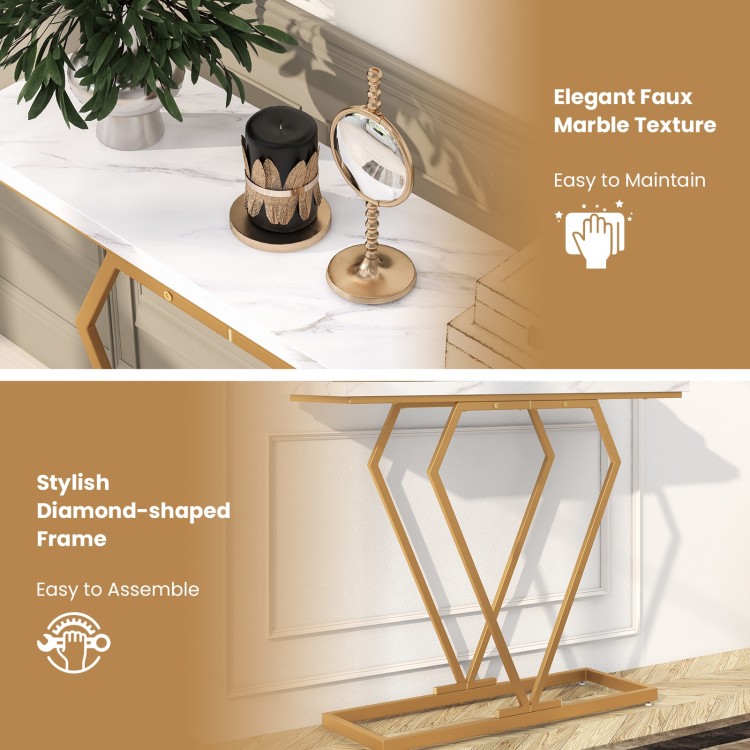 Gold console table featuring a thick faux marble top and a stylish diamond-shaped frame, perfect for limited spaces.