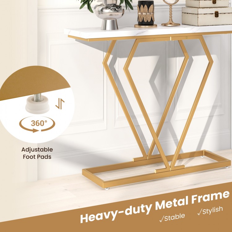 Gold console table with a diamond-shaped metal frame and faux marble top, perfect for narrow spaces and displaying.