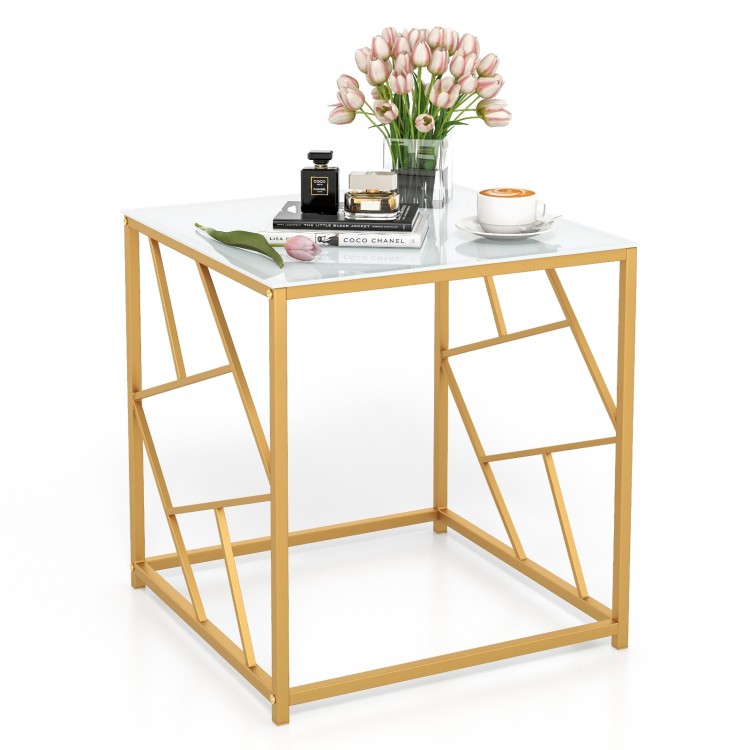Square end table with a gold geometric frame and tempered glass top, perfect for stylish decor in any room.