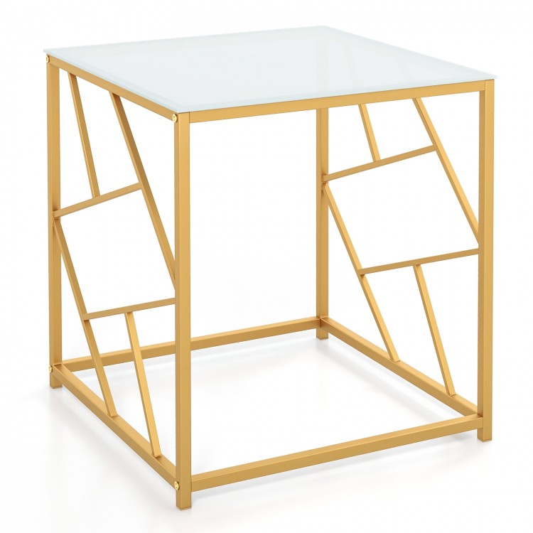 Square end table featuring a tempered glass top and gold geometric frame, perfect for stylish home decor.