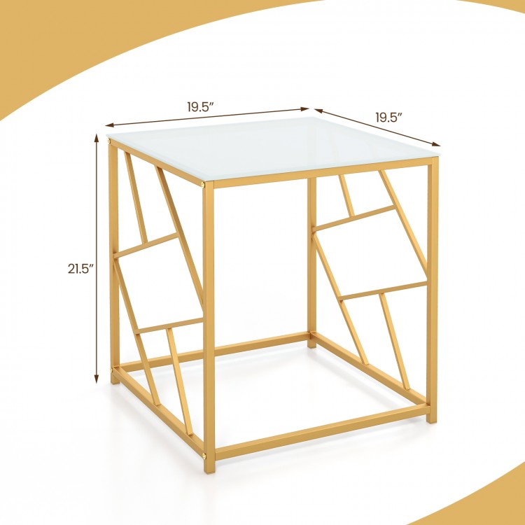 Square end table featuring a tempered glass top and gold geometric frame, ideal for stylish home decor.