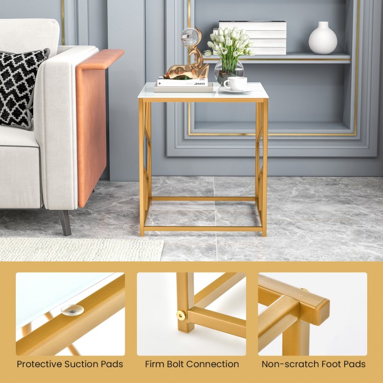 Square end table with tempered glass top and gold geometric frame, featuring non-slip foot pads for stability.