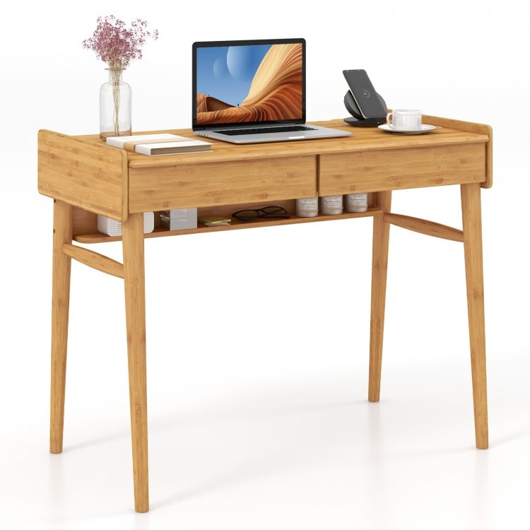 Bamboo writing desk with two storage drawers and open shelf, ideal for working, studying, or gaming.