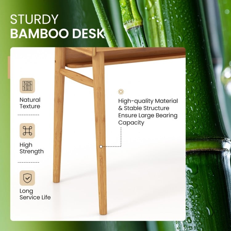Bamboo writing desk featuring sturdy construction, natural texture, and two storage drawers for versatile use.