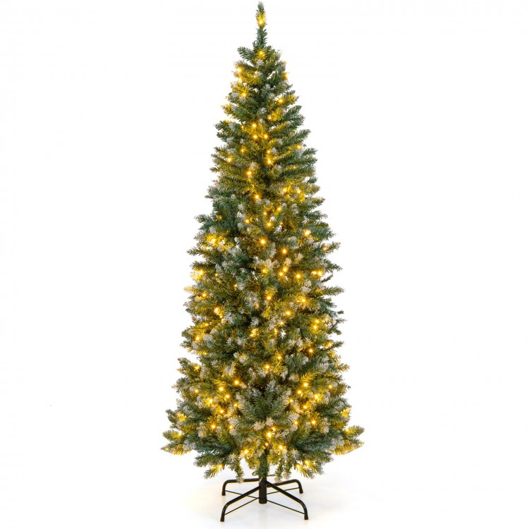 6-foot pre-lit artificial Christmas tree with 618 snowy branch tips and 250 LED lights for festive holiday decor.