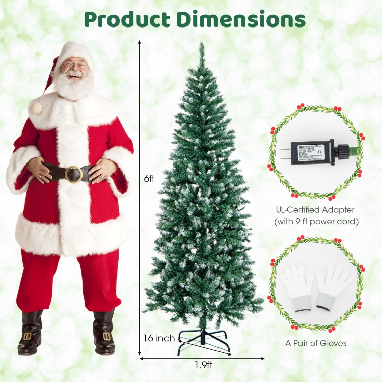 6-foot pre-lit artificial Christmas tree with 618 snowy branch tips, featuring 250 LED lights for a warm holiday glow.