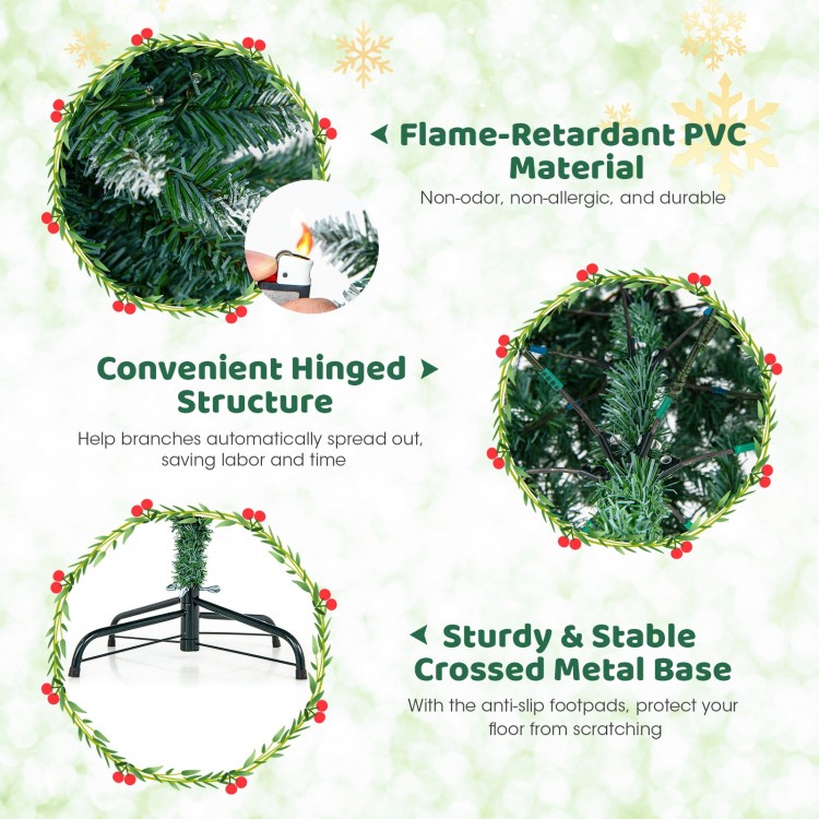 6 feet pre-lit artificial Christmas tree with 618 snowy branch tips, featuring a sturdy metal base and convenient.