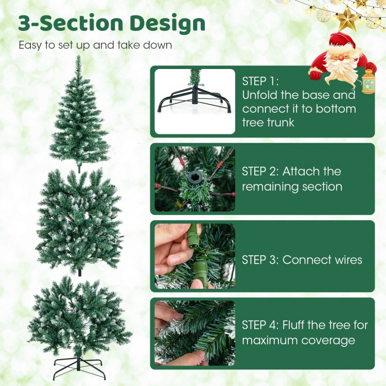 3-section design of a 6 feet pre-lit artificial Christmas tree with 618 snowy branch tips for easy setup and festive.