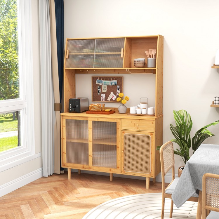 Natural 69-inch wine bar kitchen cabinet with sliding tempered glass doors and rattan door, perfect for stylish storage.