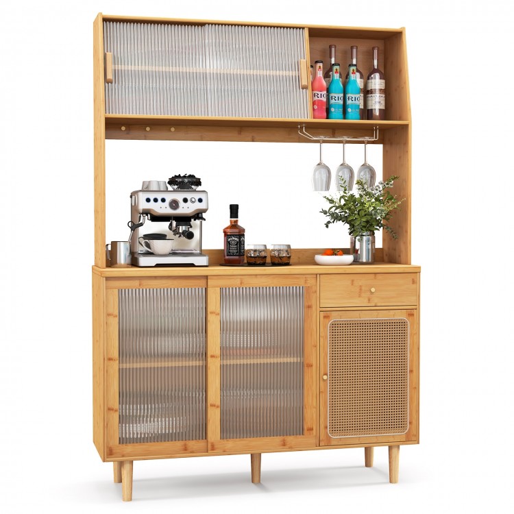 Natural bamboo wine bar cabinet featuring a rattan door and glass shelves, ideal for stylish kitchen or dining room.