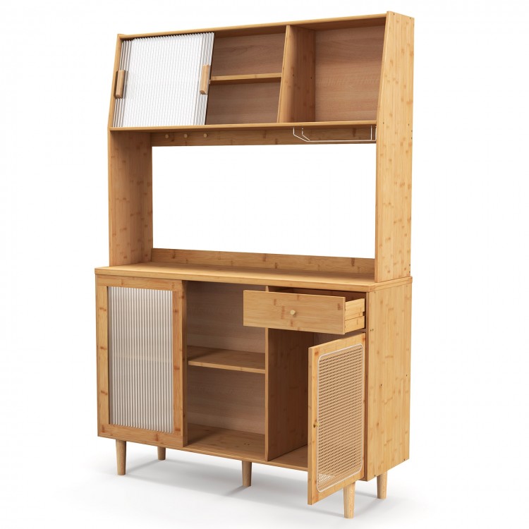 Natural bamboo wine bar kitchen cabinet with sliding tempered glass doors and rattan door, featuring open storage and.