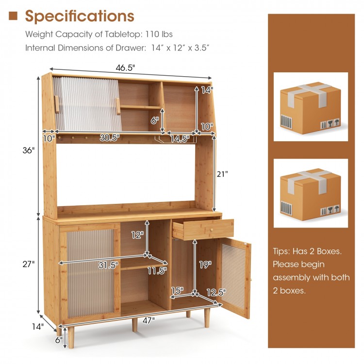 69-inch wine bar kitchen cabinet with sliding tempered glass and rattan door, featuring open storage and bamboo.