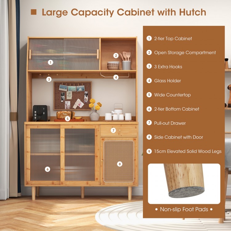 Large capacity kitchen cabinet with hutch, bamboo material, tempered glass doors, perfect for dining or coffee bar use.