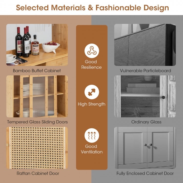 Bamboo wine bar kitchen cabinet with sliding tempered glass and rattan door, featuring multiple storage options and.