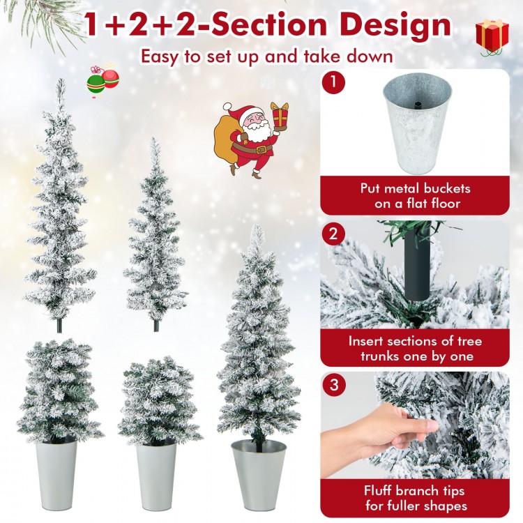 Set of 3 potted artificial Christmas trees with snowy flocked tips, ideal for small spaces and easy to assemble.