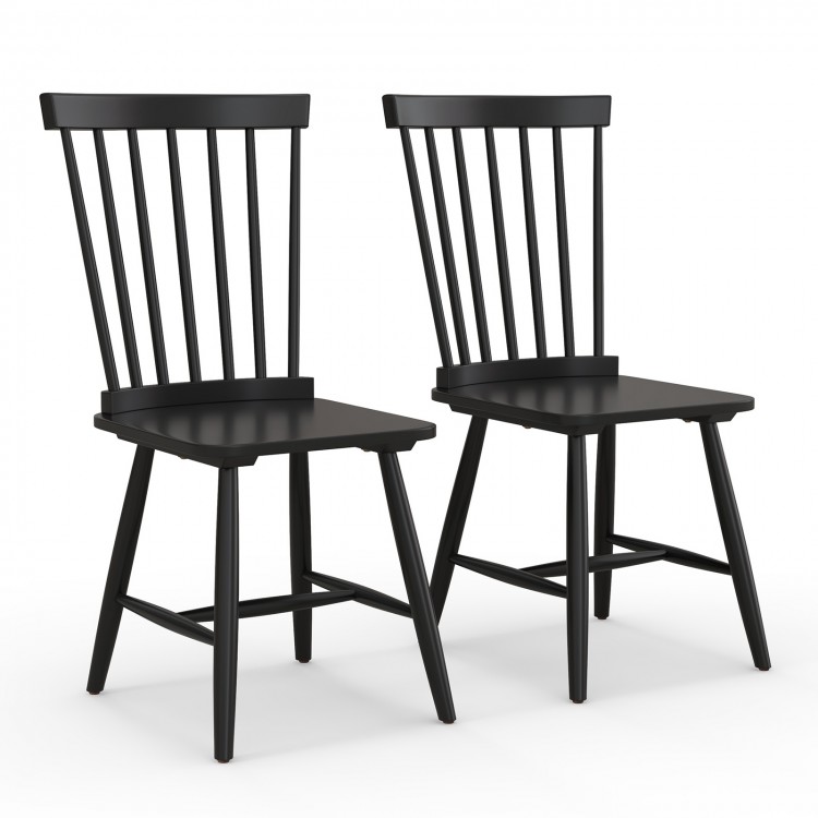 Set of 2 black Windsor dining chairs with high spindle back, rubber wood frame, and non-slip foot pads for stability.
