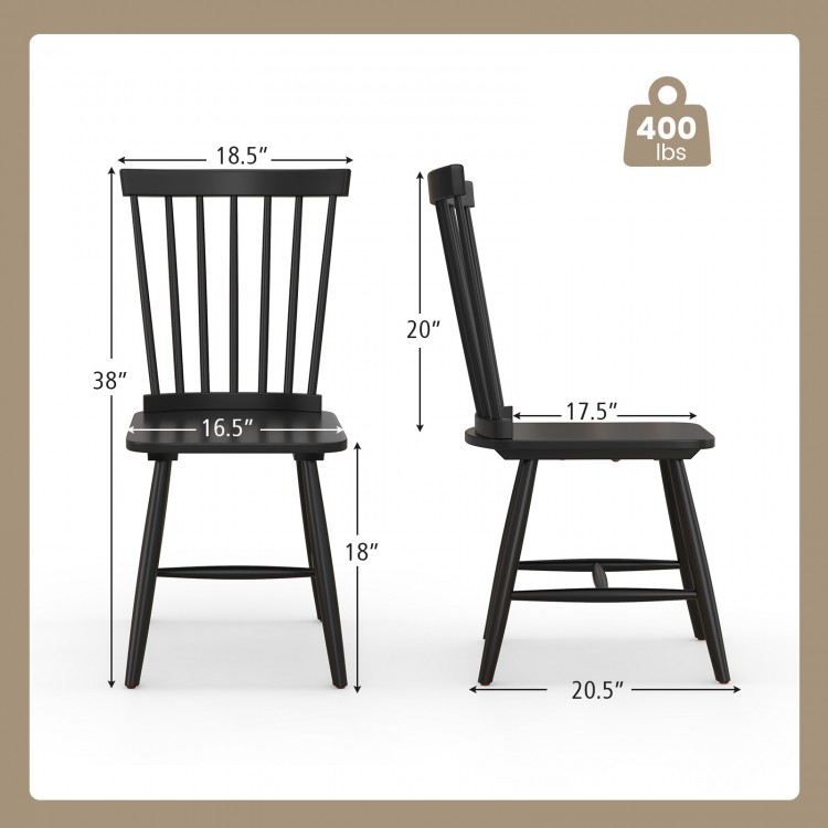 Windsor dining chair set with high spindle back, black rubber wood frame, and dimensions for comfortable seating.
