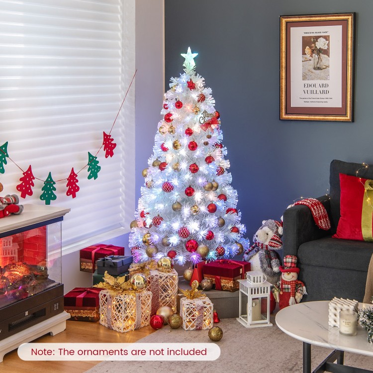 5-foot pre-lit fiber optic white snow-flocked artificial Christmas tree with vibrant lights, perfect for festive decor.