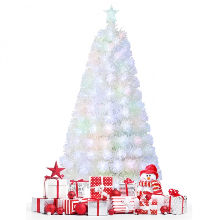 5-foot pre-lit fiber optic white snow-flocked artificial Christmas tree with gifts, perfect for festive holiday decor.