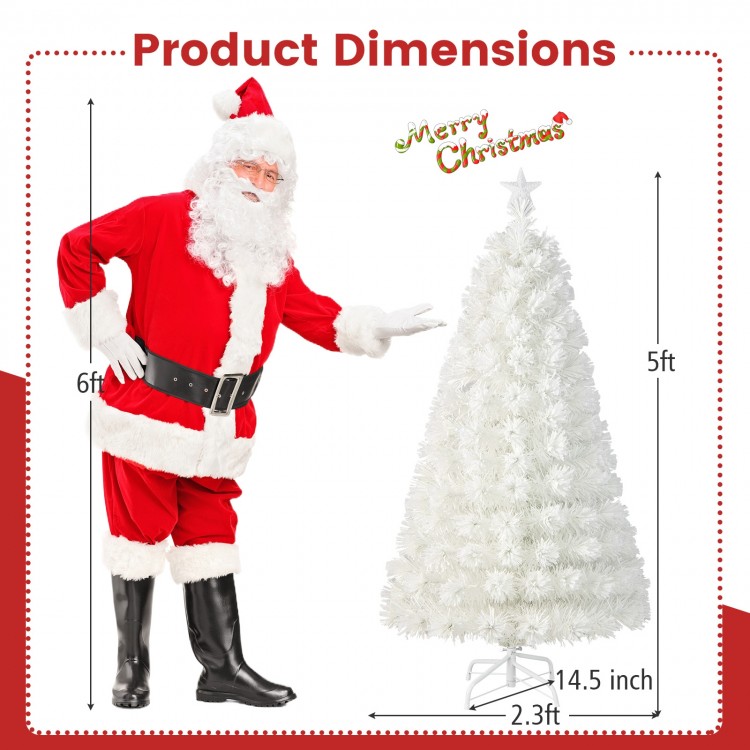 5 ft snow-flocked artificial Christmas tree with 220 branch tips and fiber optic lights, perfect for festive decor.