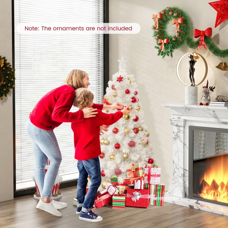 5-foot pre-lit fiber optic white snow-flocked artificial Christmas tree with gifts, perfect for festive home decor.