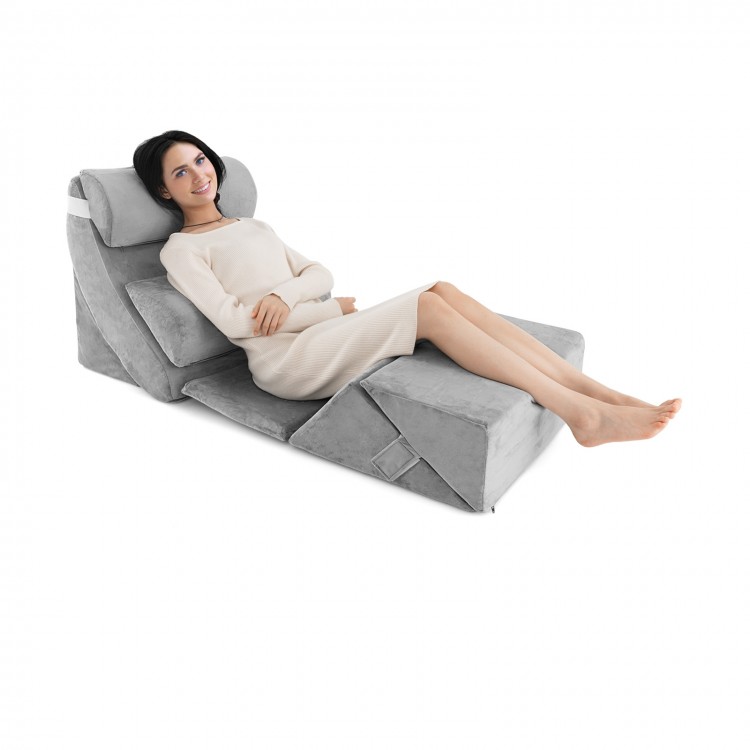 Gray 7-piece bed wedge pillow set with memory foam, featuring ergonomic design for personalized support and comfort.