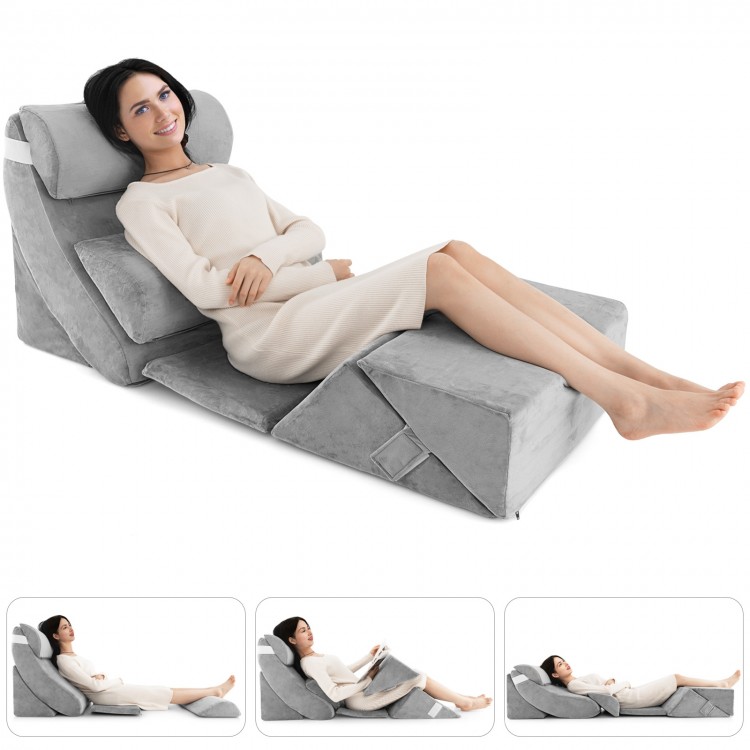 Gray 7-piece bed wedge pillow set with memory foam, designed for ergonomic support and comfort during relaxation.