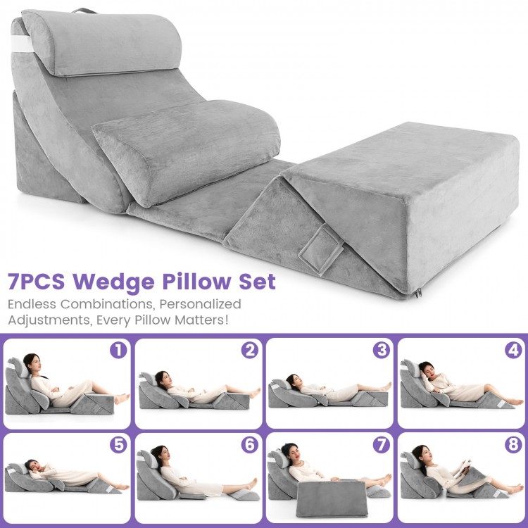 Gray bed wedge pillow set with memory foam, showcasing individual components for versatile support and comfort.