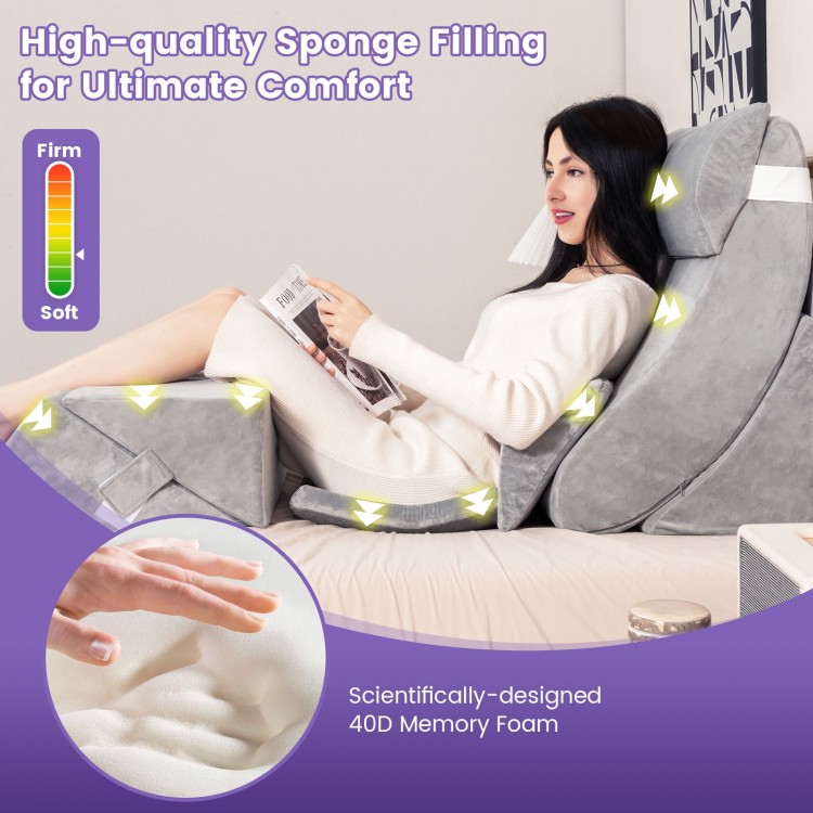 Gray 7-piece bed wedge pillow set with 40D memory foam, providing ergonomic support for comfort and recovery.