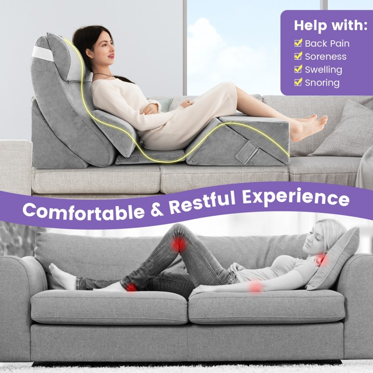 7-piece gray bed wedge pillow set with memory foam, designed for ergonomic support and comfort during recovery.