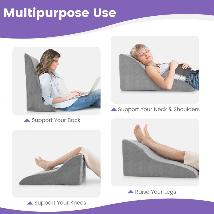 Gray bed wedge pillow with ergonomic design for back support, ideal for reading or elevating legs and knees.
