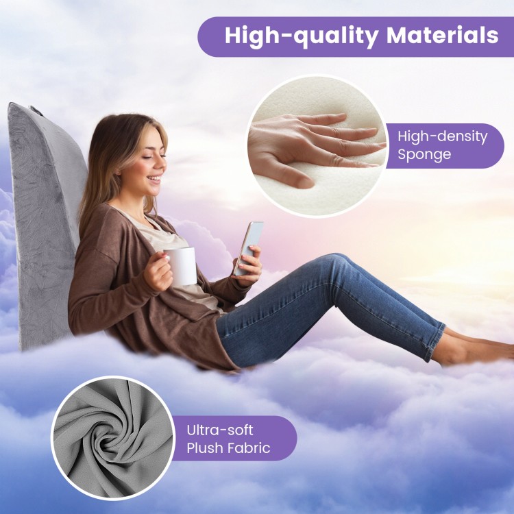 Gray triangle reading pillow with plush cover and ergonomic design for back support, ideal for bed or sofa use.