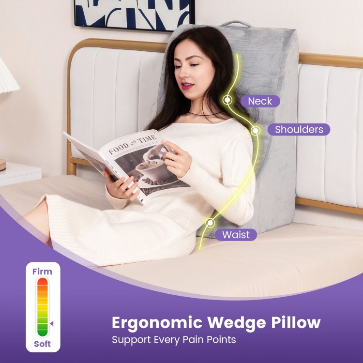 Ergonomic wedge pillow in gray, providing back support for reading, with a detachable cover for easy cleaning.