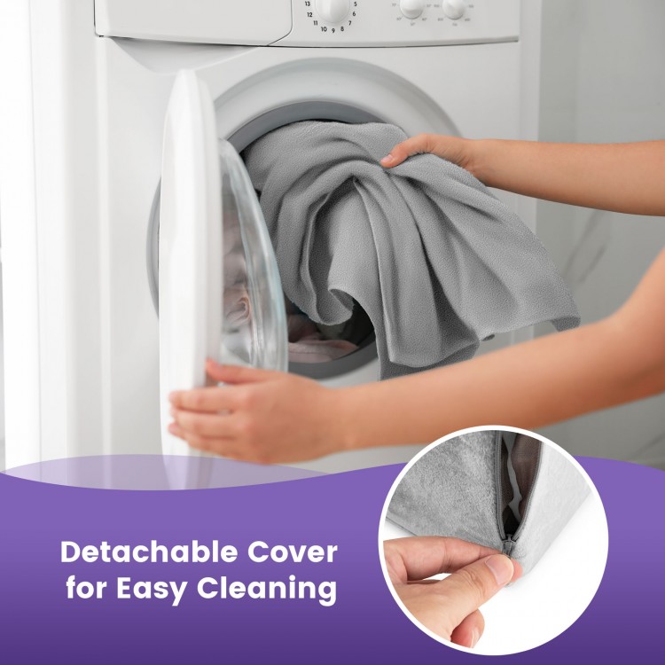 Detachable gray cover being placed in a washing machine for easy cleaning of the Bed Wedge Pillow back support.