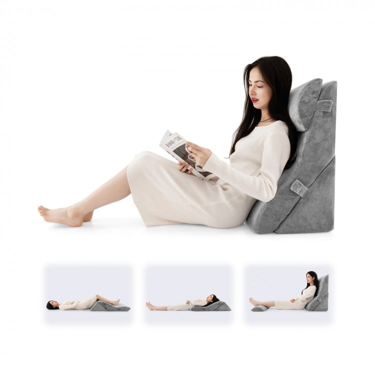 Adjustable gray orthopedic bed wedge pillow set supporting back and neck, ideal for comfort during reading or resting.